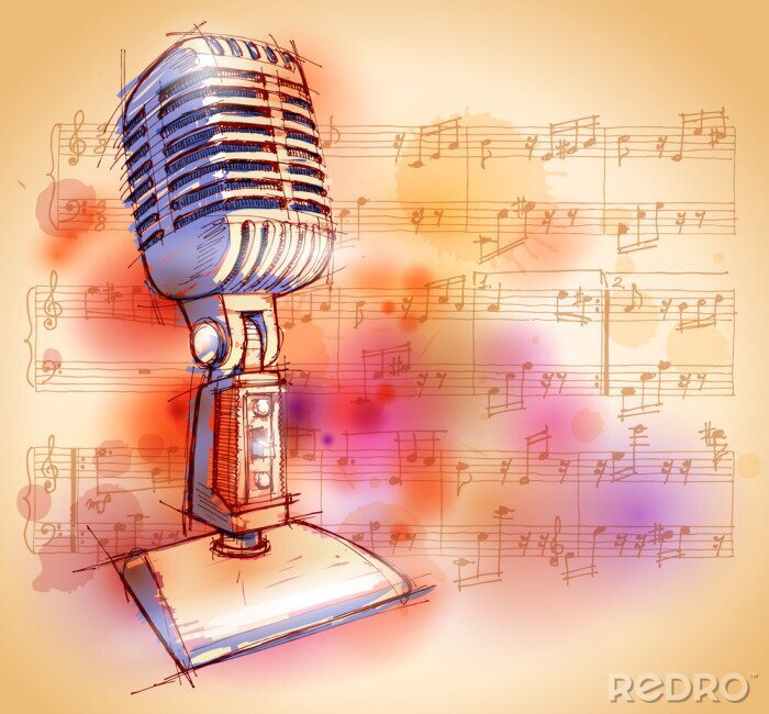 Tableau  Vector Microphone classique, fond d'aquarelle et notes