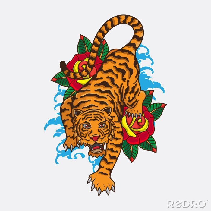 Tableau  vector of traditional tiger tattoo