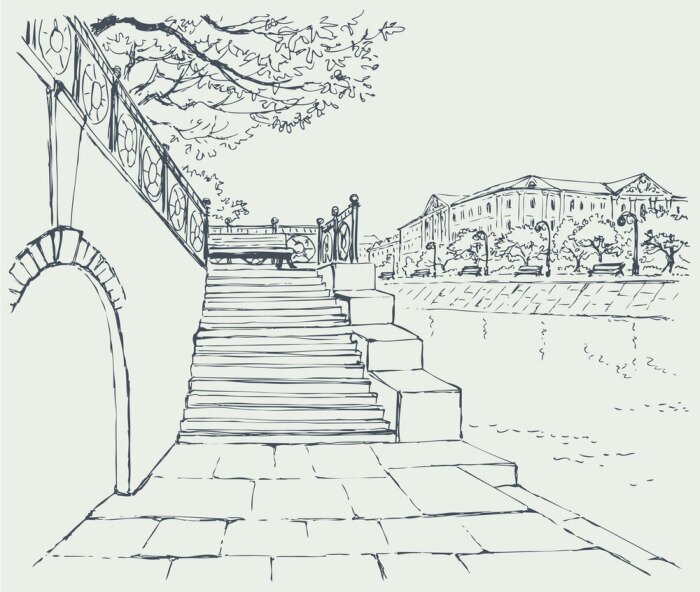 Tableau  Vector paysage urbain. Un vieux quai de pierre. Étapes de la ruelle