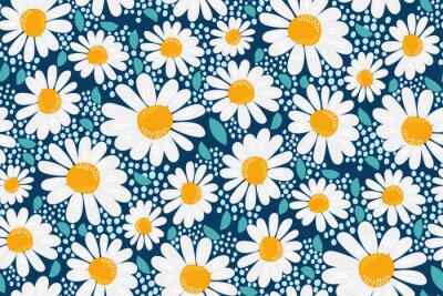 Tableau  Vector seamless pattern. Creative floral print with chamomile flowers, leaves in a hand-drawn style on a dark blue-turquoise background. Perefct spring/summer template for fashion design, textiles...
