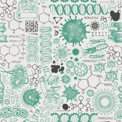 Tableau  Vector seamless pattern on the theme of chemistry, biology, genetics, medicine. Abstract background with hand-drawn sketches in retro style. Suitable for wallpaper, wrapping paper, fabric