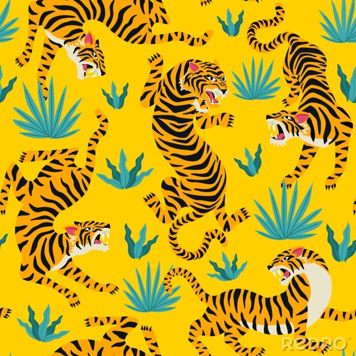 Tableau  Vector seamless pattern with cute tigers on background. Circus animal show. Fashionable fabric design.