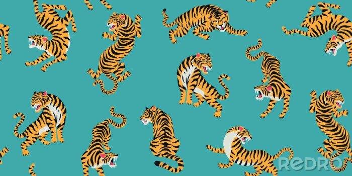 Tableau  Vector seamless pattern with cute tigers on background. Fashionable fabric design.