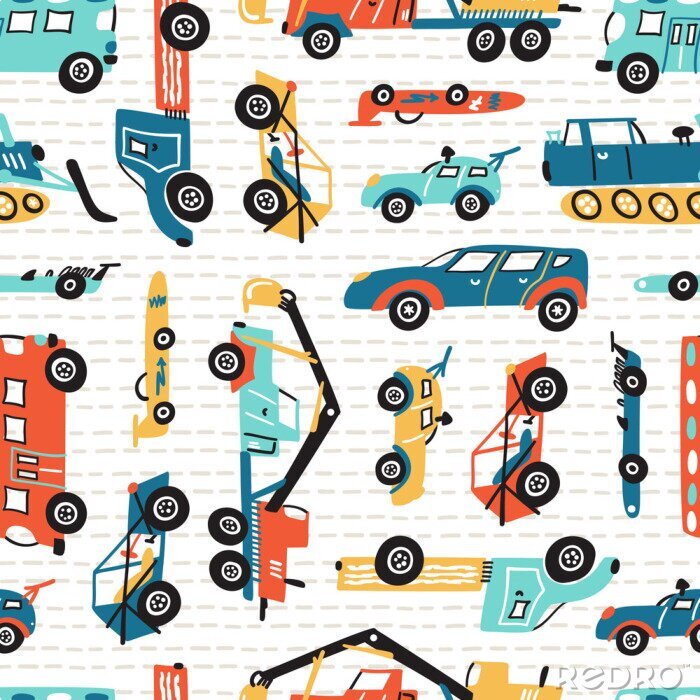 Tableau  Vector Seamless Pattern with Doodle Toy Racing Cars, Heavy Construction Trucks. Cartoon Transportation Background for Kids. 