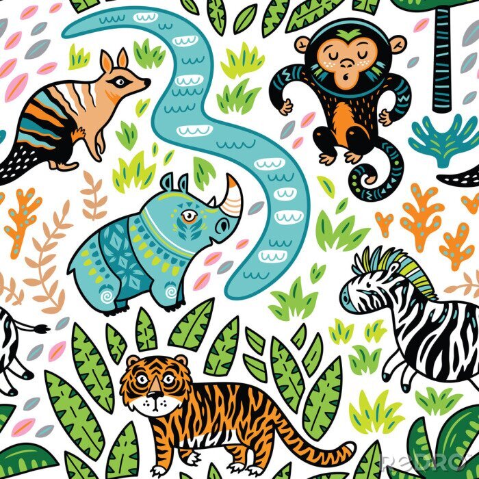 Tableau  Vector seamless seamless pattern with decorative animal characters