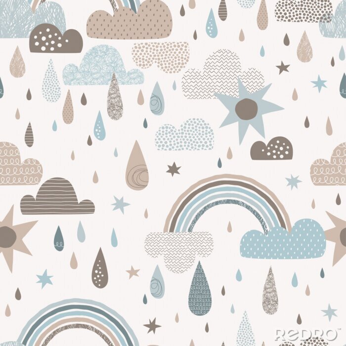 Tableau  Vector sky seamless pattern with clouds, rain drops, rainbow, sun. Cute doodle decorative scandinavian print for textile, fabric, apparel gender-neutral kid nursery design