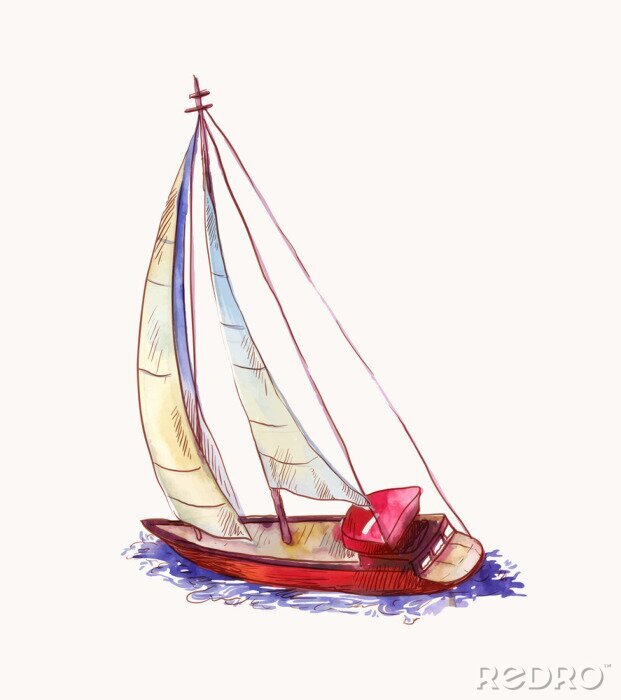 Tableau  Vector watercolor red sailboat isolated on white. Seascape scene in sketch style