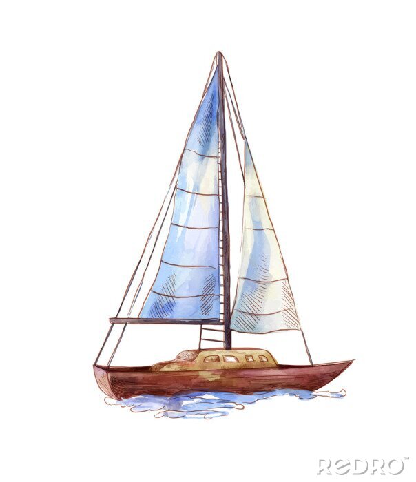 Tableau  Vector watercolor sailboat isolated on white. Seascape scene in sketch style