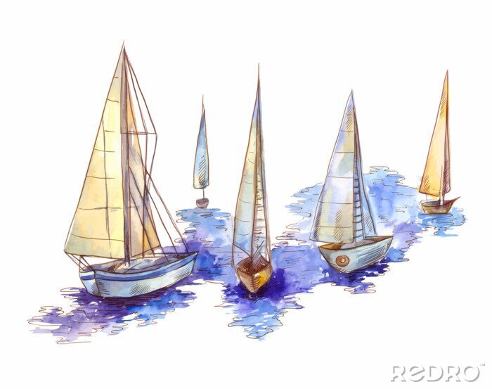 Tableau  Vector watercolor sailboat regatta  isolated on white. Seascape scene in sketch style
