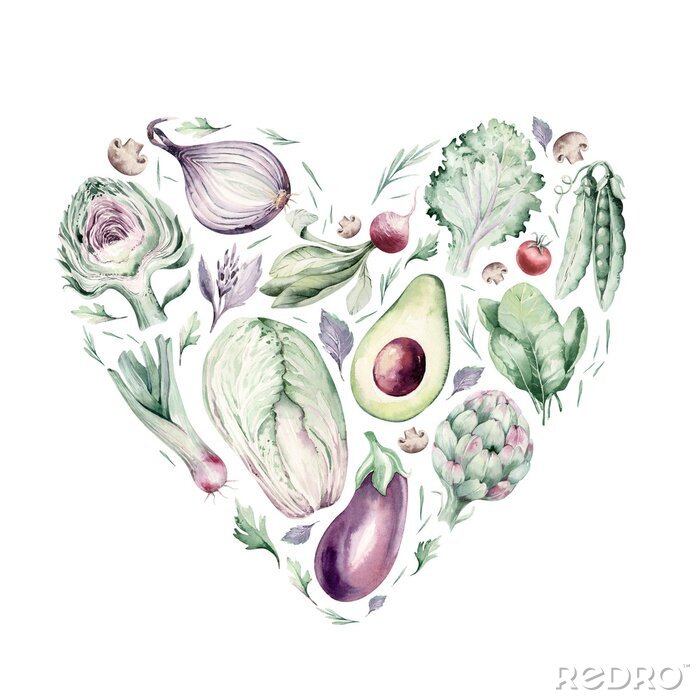 Tableau  Vegetables healthy green organic set watercolor heart shape artichoke, broccoli, spinach, celery vitamin Cabbage, leek and onion illustration. Isolated lettuce and radish. sketch eggplant mushroom.