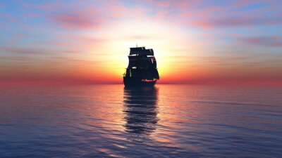 Tableau  velero y puesta de sol