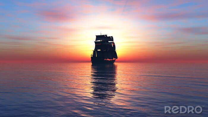 Tableau  velero y puesta de sol