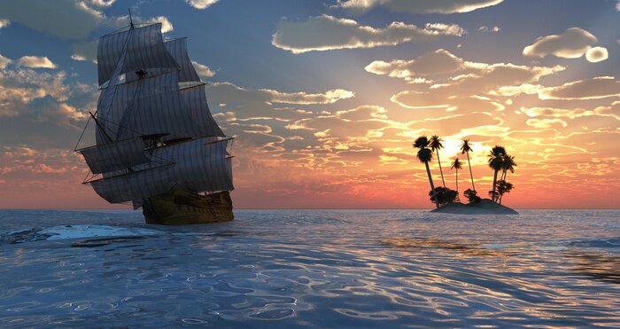 Tableau  velero y puesta de sol