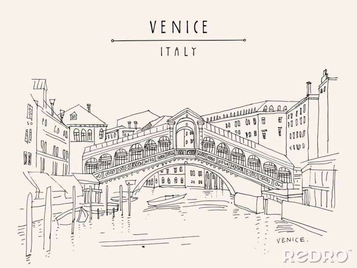 Tableau  Venice, Italy, Europe. Famous Rialto bridge across Grand canal. Travel sketch. Artistic hand drawing. Vector hand drawn postcard, poster, artistic book, calendar or travel booklet illustration