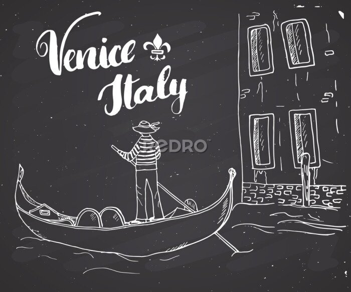 Tableau  Venise Italie dessinés à la main croquis Doodle Gondolier et lettrage signe manuscrite, texte calligraphique grunge. Illustration vectorielle sur fond de tableau