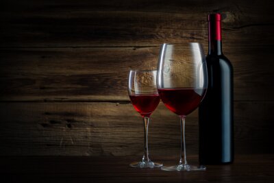 Tableau  verre et bouteille de vin sur un fond en bois