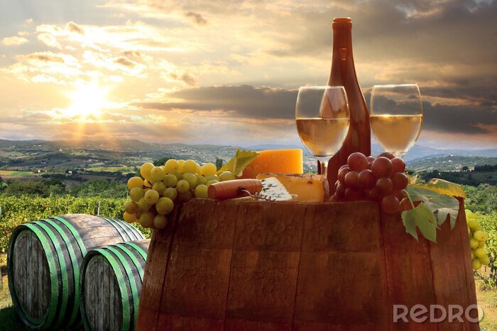 Tableau  Verres et raisins sur un tonneau