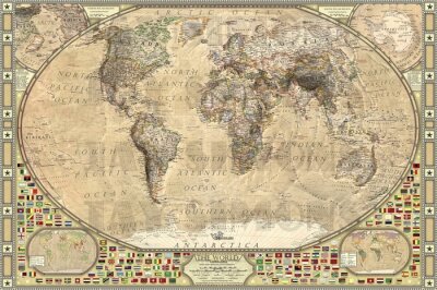 Vieille carte du monde avec des drapeaux
