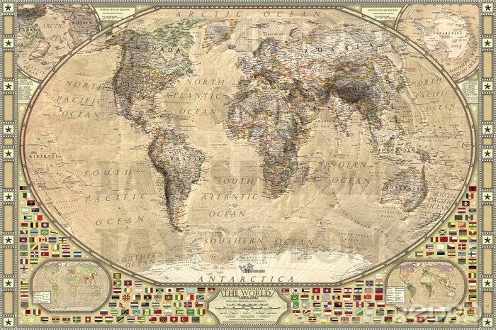 Tableau  Vieille carte du monde avec des drapeaux