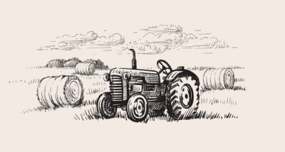 Tableau  vieux tracteur avec une scène rurale