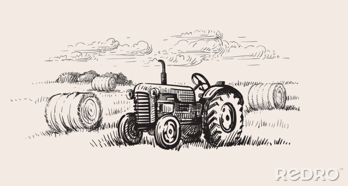 Tableau  vieux tracteur avec une scène rurale