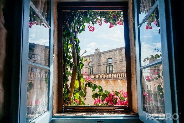 Tableau  View from old house window with garden flowers and historical building behind. Romantic holidays concept