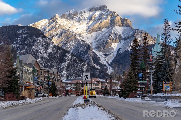 Tableau  view of downtown Banff National Park, a Unesco World Heritage Site, during the winter. Cascade Mountain in background