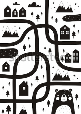 Tableau  Ville noire et blanche avec une route et un ours