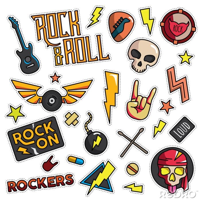 Tableau  Vintage 80s-90s rock and roll mode dessin animé ensemble d'illustration adapté pour les badges, épingles, autocollant, patchs, tissu, denim, broderie et autres fins liées à la mode