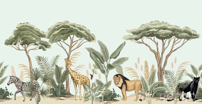 Tableau  Vintage african tree, banana tree, plant, lion, giraffe, zebra, panther animal floral border blue background. Exotic safari wallpaper.