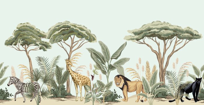 Tableau  Vintage african tree, banana tree, plant, lion, giraffe, zebra, panther animal floral border blue background. Exotic safari wallpaper.