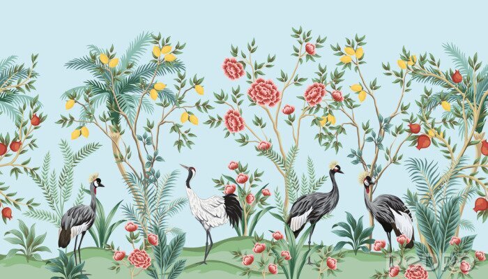 Tableau  Vintage chinoiserie floral palm tree, fruit tree, plant, crane bird, red roses seamless border blue background. Exotic oriental wallpaper.