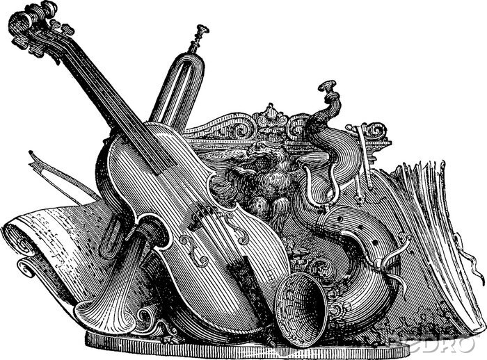 Tableau  Vintage dessin instruments de musique
