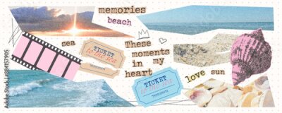 Tableau  Vintage elements for collage and scrapbooking. Photo clippings of sea, sky, beach. Torn ticket to the sea and photographic film. Retro collage with memories.