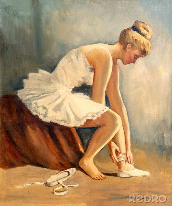 Tableau  Vintage oil painting of young ballerina siting down getting ready for practice.