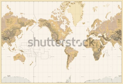 Tableau  Vintage Physical World Map-America Centered-Colors of Brown. No bathymetry and text. Vector illustration.