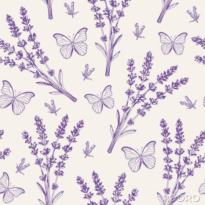 Tableau  Vintage seamless pattern with lavender flowers and butterflies.