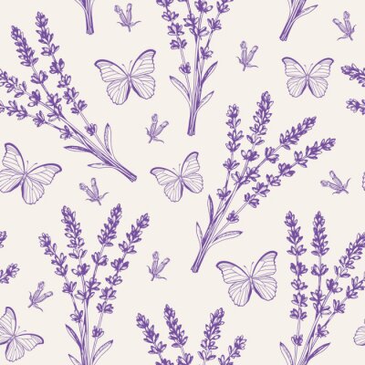 Papier peint à motif  Vintage seamless pattern with lavender flowers and butterflies.