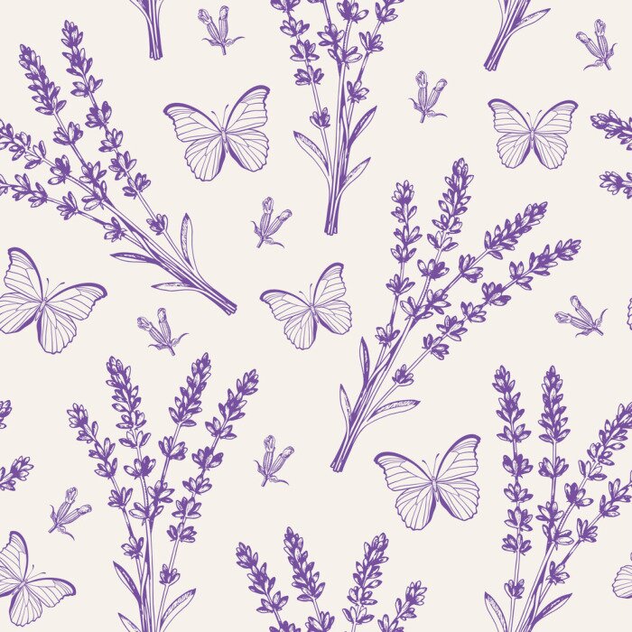 Tableau  Vintage seamless pattern with lavender flowers and butterflies.
