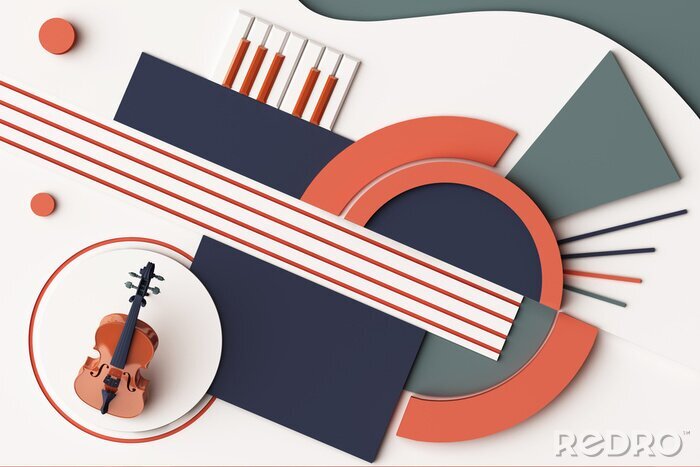 Tableau  Violin and music instrument concept, Abstract composition of geometric shapes platforms in orange and blue tone. 3d rendering
