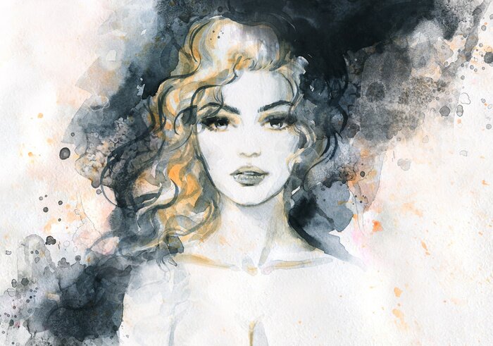 Tableau  Visage de femme et éclaboussures de peinture aquarelle noire