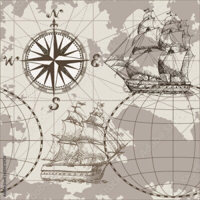 Tableau  Voiliers et rose des vents sur la carte