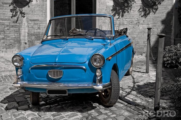 Tableau  Voiture vintage bleue.