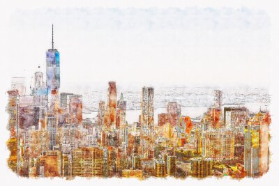 Tableau  Vue aérienne de l'aquarelle de Manhattan New York City