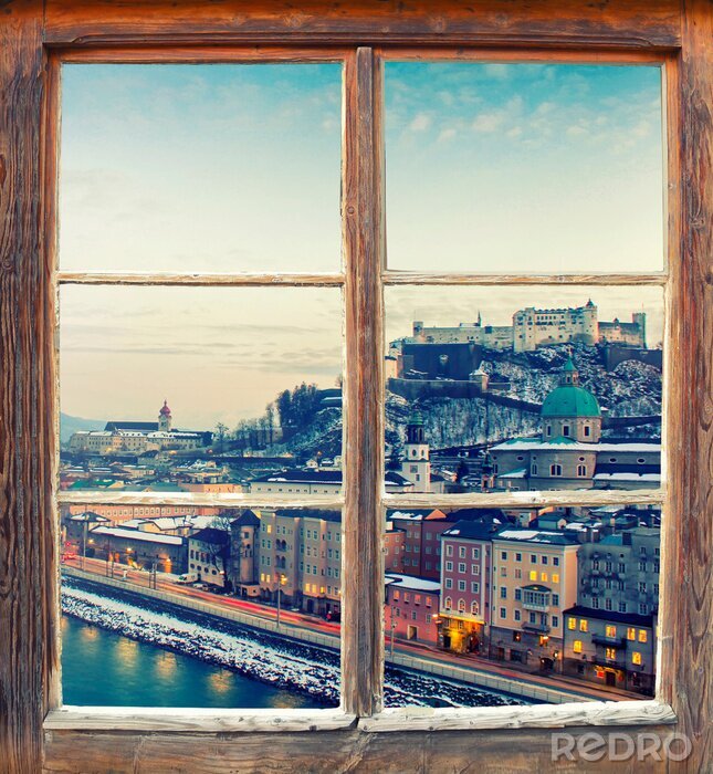 Tableau  Vue d'une ville enneigée depuis une fenêtre