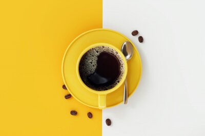 Tableau  Vue de dessus de la tasse à café sur fond jaune et blanc.