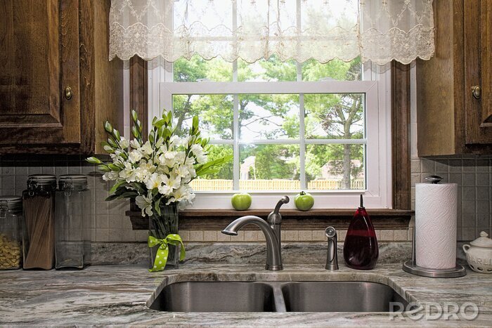 Tableau  Vue de la cuisine de la fenêtre et vue de la cour. Sheer Valance au-dessus d'un évier double en acier inoxydable et d'un comptoir en granit. Joint de fenêtre a deux tomates vertes en attente de mûrir 