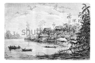 Tableau  Vue de la ville de la rivière Ica à Amazonas, Brésil, dessin de Riou d'après une photographie, illustration gravée d'époque. Le Tour du Monde, Journal de voyage, 1881