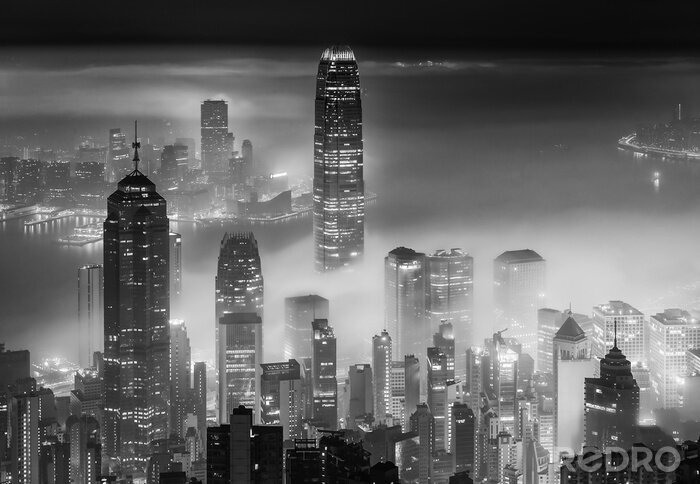 Tableau  Vue de nuit brumeuse du port de Victoria dans la ville de Hong Kong
