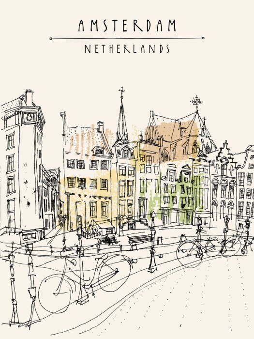 Tableau  Vue sur la ville d'Amsterdam. Vecteur, main, dessiné, vendange, carte postale, affiche